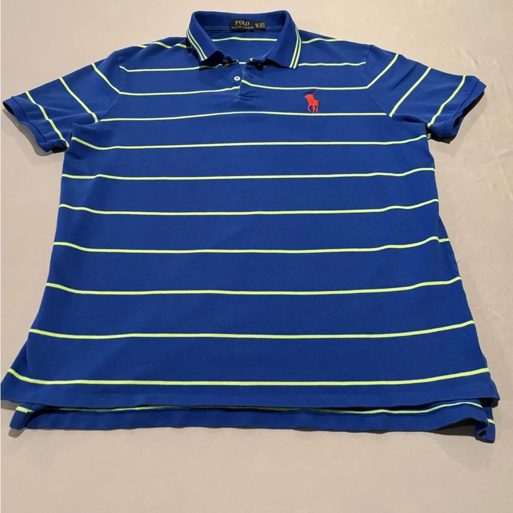 Polo Ralph Lauren Shirt Mens XL Blue Lime Green Striped Short Sleeve Pony Logo